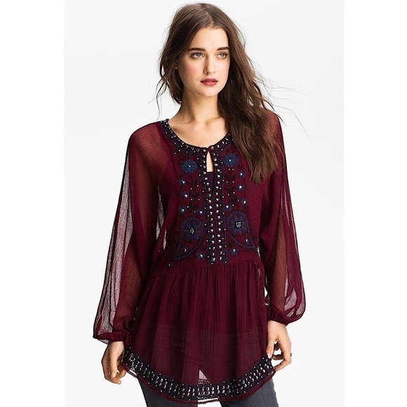 FREE PEOPLE Burgundy Crinkle Sheer Embroidered Beaded Long Sleeve Boho Tunic S - Picture 1 of 6